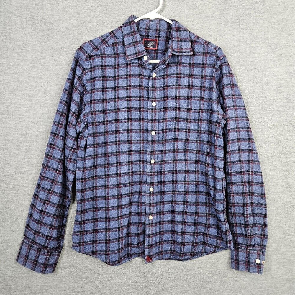 Untuckit Scavino Men's Button Up Plaid Check Flannel Solid Cotton Shirt Size M